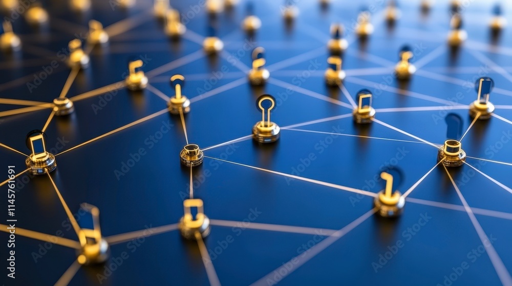 Poster a network of interconnected golden nodes with key icons symbolizes secure data exchange and access c