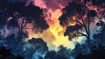Naklejka premium Silhouette of majestic trees against a vibrant cloudy sky creating a striking nature landscape at twilight