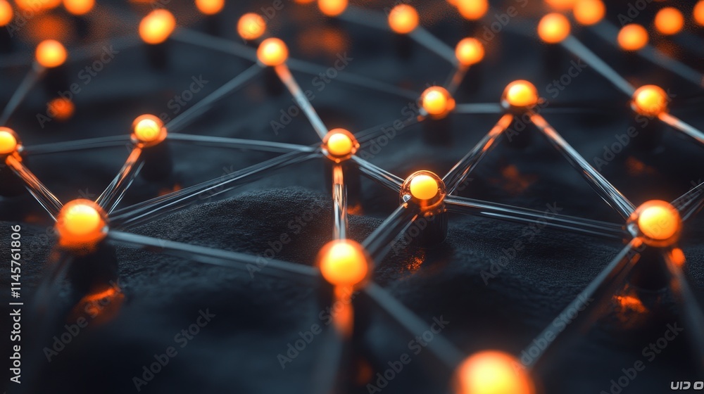 Poster a dark network of interconnected glowing orange nodes and metallic links. the intricate structure su