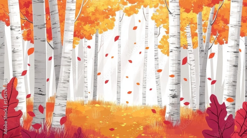 Poster vibrant autumn foliage in a serene forest setting featuring aspen trees with white bark and colorful