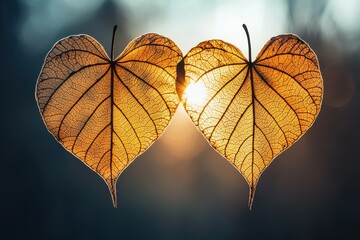 Two heart-shaped leaves backlit by sunlight create a beautiful natural display, symbolizing love and connection in nature.