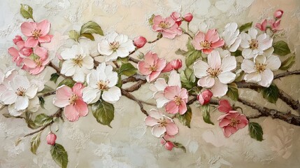 Delicate pink and white apple blossoms on a soft green background creating a serene floral arrangement for spring or nature themes.