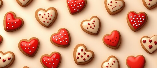 Seamless pattern of beautifully decorated heart shaped cookies perfect for festive designs and romantic themes in vibrant colors and textures.
