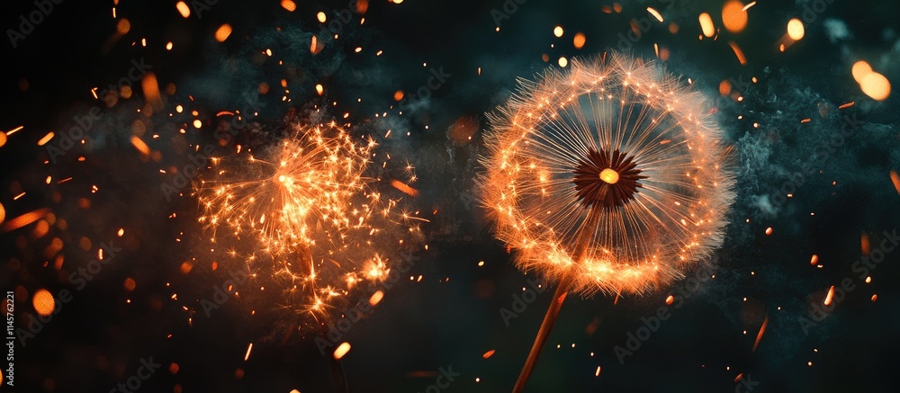 Poster fireworks display with vibrant dandelion-shaped explosion and cascading embers creating a magical ni