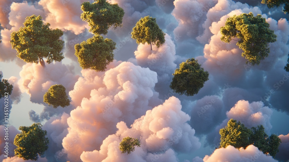 Poster surreal landscape of fluffy clouds floating with lush green trees creating a dreamlike nature scene 