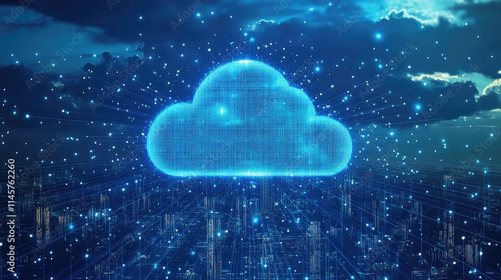 Poster aerial view of a modern city with digital cloud computing concept showcasing communication network a
