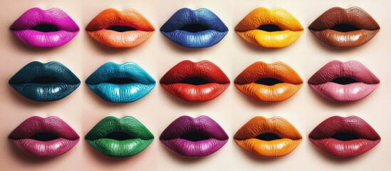 Vibrant collage of colorful female lips showcasing diverse lipstick shades in a striking and artistic arrangement.