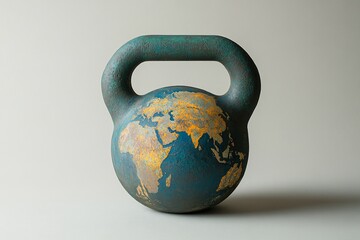 Rusted kettlebell shaped like Earth globe.