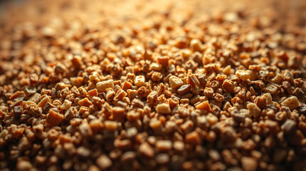 Close-Up Macro Photography of Crunchy Brown Cereal Pieces, Detailed Texture and Warm Golden Hues