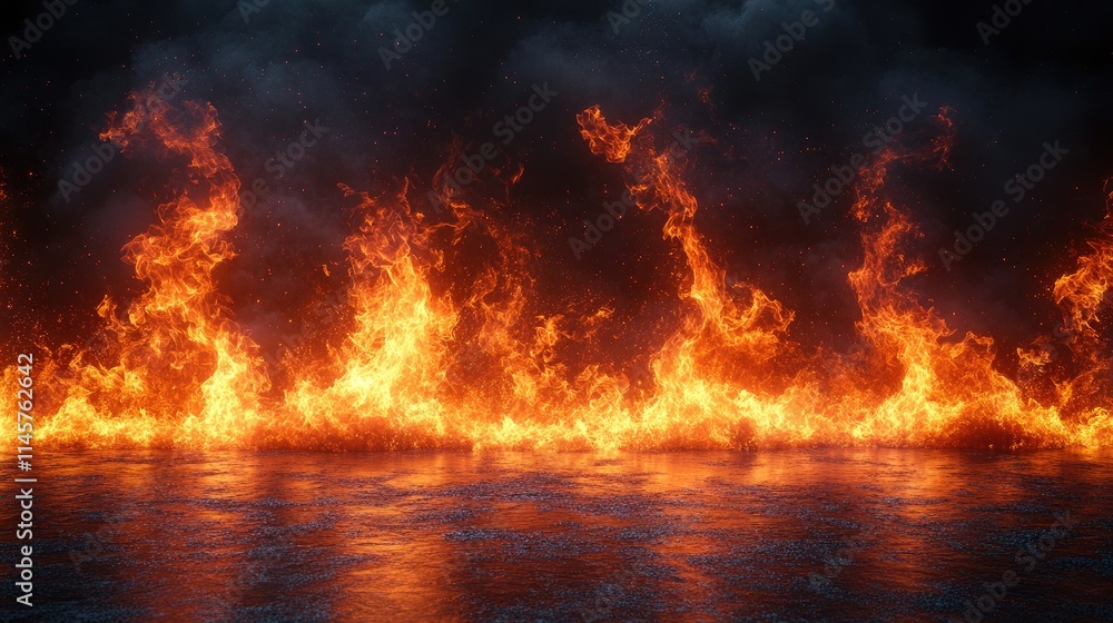 Poster high resolution flames with reflection on water surface ideal for retouching and digital compositing