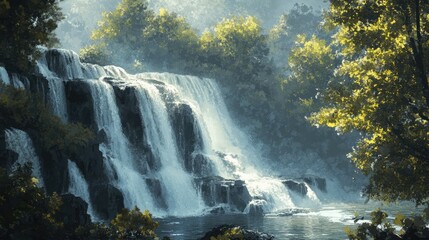 Majestic view of cascading waterfalls surrounded by lush greenery in a serene natural landscape.