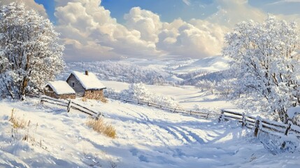 Serene winter landscape with snowy fields and rustic cottages under a bright sky showcasing nature's tranquil beauty