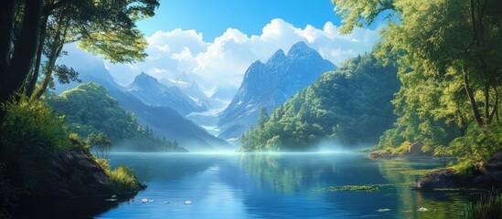 Fototapeta premium Serene wilderness landscape featuring a natural lake surrounded by lush mountains and clear blue skies ideal for nature enthusiasts.