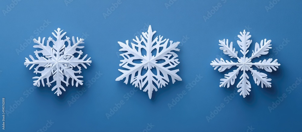 Poster snowflakes arranged on a blue background creating empty space for text and holiday or winter-themed 