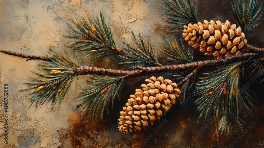 Poster pine branch with cones and needles displaying natural textures and earthy colors in an artistic clos