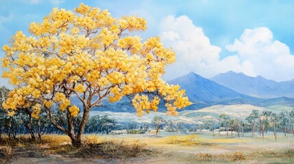 Golden Tabebuia tree in full bloom under a bright sky with mountains and lush greenery in the background showcasing natural beauty.