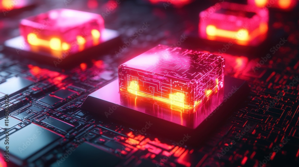 Poster glowing pink and orange translucent cubes on a dark circuit board with intricate details glowing cir