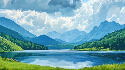 Fototapeta premium Serene mountain lake reflecting clouds surrounded by lush green valleys and majestic peaks under a vibrant atmospheric sky