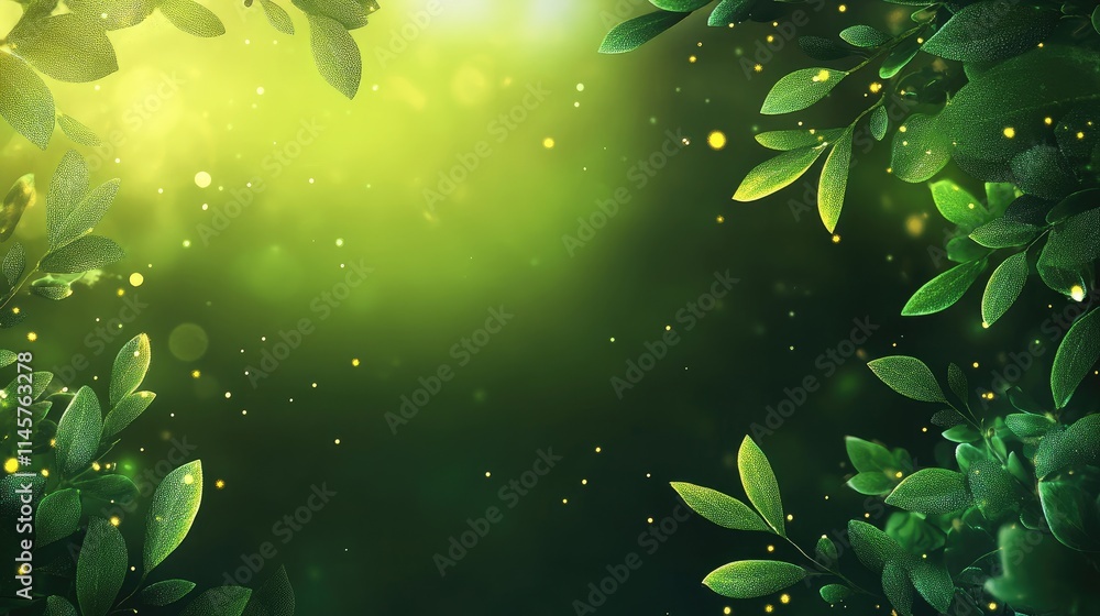 Aufkleber serene green bokeh background with soft sunlight flares and blurred leaves creating an abstract natu