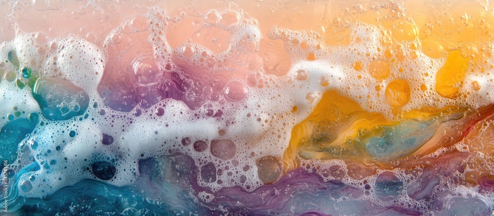 Aufkleber whimsical soap foam bubbles creating colorful patterns on a glass surface with a dreamy pastel backg