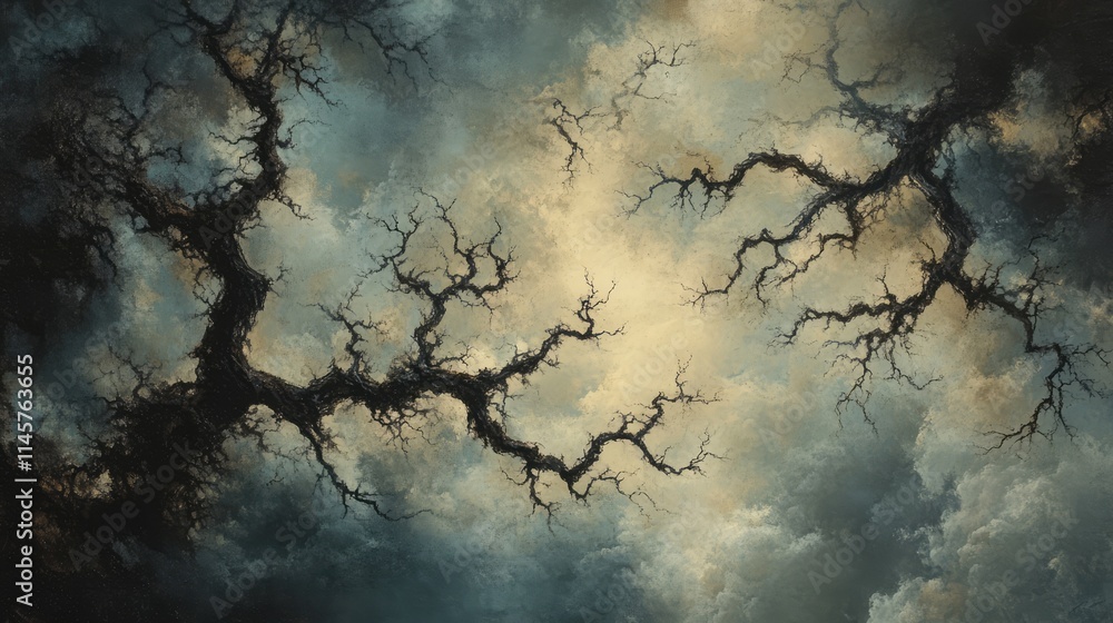 Poster dark tree branches against a moody cloudy sky creating a dramatic natural backdrop for artistic and 