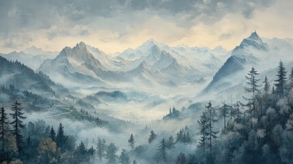 Misty Panoramic View of Wetterstein Mountains in Bavaria with Pine Forests and Dramatic Cloudy Sky