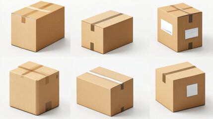Fototapeta premium Cardboard boxes mockup, 3d vector cargo and parcel packages top, front and bottom view with tape and paper labels. Realistic carton closed packaging for goods, isolated packs for freight shipping