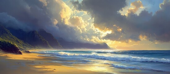 Fototapeta premium Breathtaking coastal scenery with dramatic clouds and golden sands capturing the serene beauty of nature at sunset