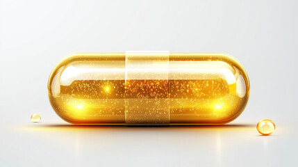 3d isolated oil vitamin d pill fish capsule icon isolated on transparent background. Gold omega medicine with liquid droplet. Medical realistic collagen supplement for skin and hair treatment mockup.