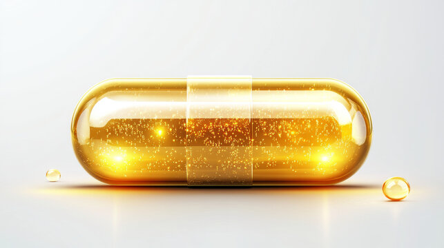 3d isolated oil vitamin d pill fish capsule icon isolated on transparent background. Gold omega medicine with liquid droplet. Medical realistic collagen supplement for skin and hair treatment mockup.