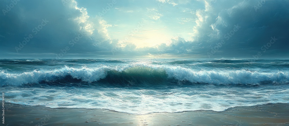 Poster serene ocean view with gentle waves and dramatic clouds capturing the tranquility of the seashore at