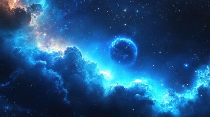 Blue cosmic clouds and starry sky with planet creating a serene and vast space landscape for nature and science fiction themes