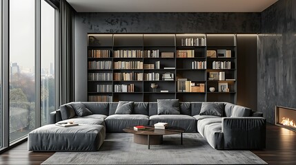 Modern dark living room with large sectional sofa, built-in bookcase, and city view.