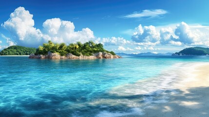 Fototapeta premium Breathtaking coastal view of a tranquil island surrounded by crystal clear waters and vibrant blue skies in a remote paradise setting