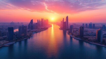 Fototapeta premium Sunset over a city skyline and river.