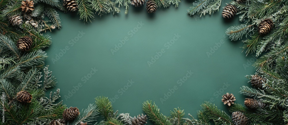Poster festive new year backdrop with pine branches and cones creating a decorative flat lay scene on a gre