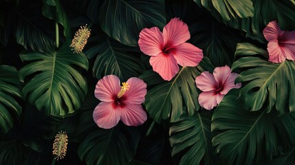 Naklejka premium Tropical Hibiscus Flowers Surrounded by Lush Green Leaves in a Vibrant Natural Setting
