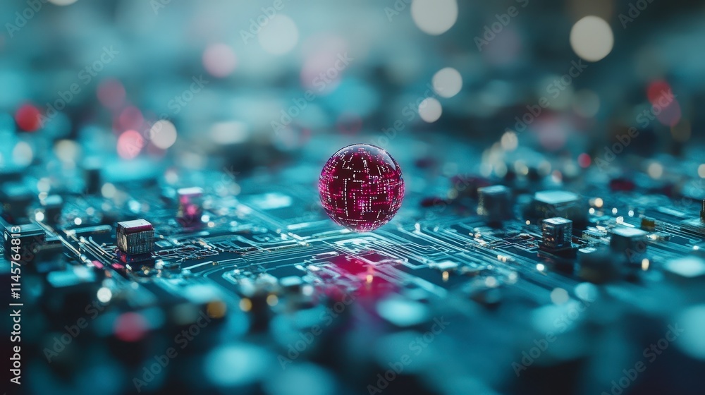 Poster a pink translucent orb hovers over a teal circuit board. the orb glows with intricate lines and patt
