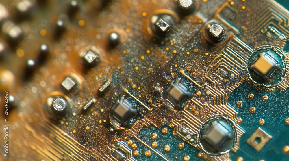 Poster a magnified image of a digital microchip under a microscope, revealing tiny transistors and intercon