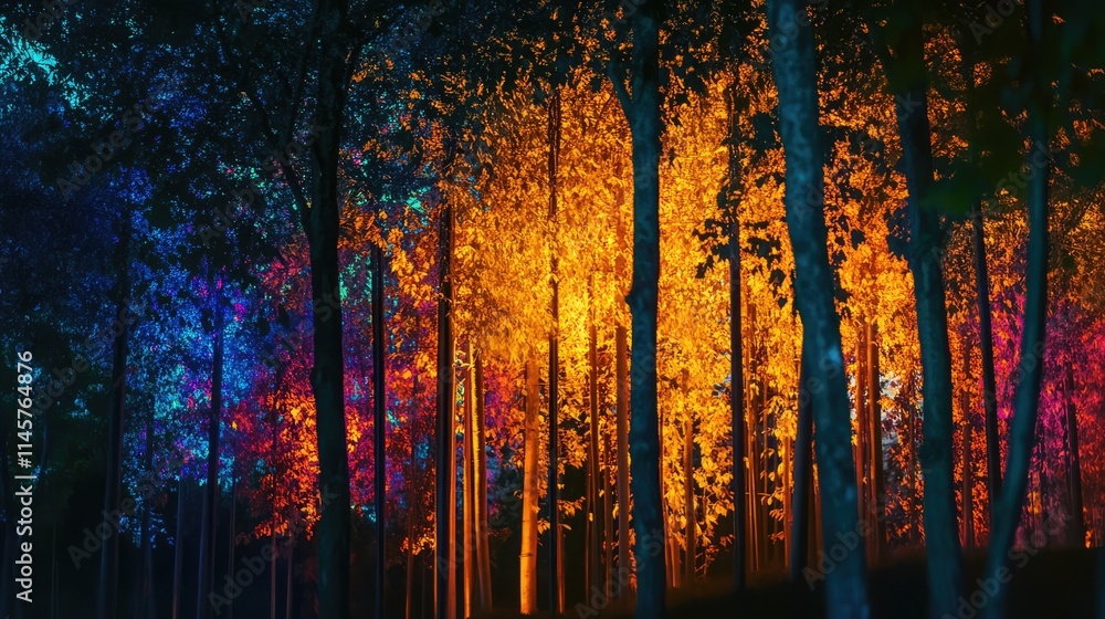 Poster illuminated trees glowing in vibrant colors creating a magical nighttime atmosphere in a serene fore