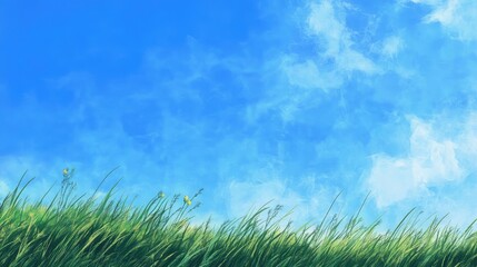 Fototapeta premium Serene landscape showcasing vibrant green grass against a clear blue sky with fluffy clouds ideal for nature backgrounds and designs.
