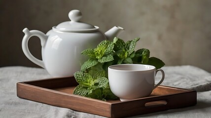 White Teapot and Teacup Set on a Wooden Tray with Mint Sprig