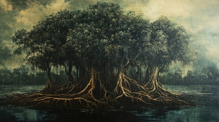 Fototapeta premium Majestic mangrove tree roots reflected in tranquil water showcasing nature's resilience and beauty in coastal ecosystems