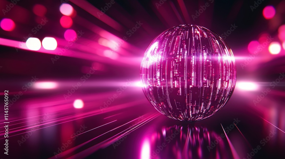 Poster a pink futuristic glass orb radiating light with vertical lines floats above a reflective surface. p