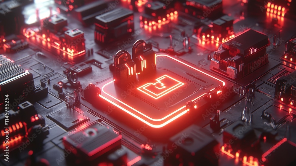 Poster two padlocks guard a glowing red folder icon on a dark circuit board with red neon lights. this symb