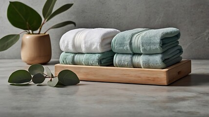 Stacked Cotton Towels with Bar of Soap and Eucalyptus Leaves