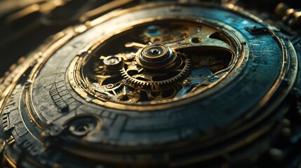 Close-up of intricate gold and dark metal clockwork gears.