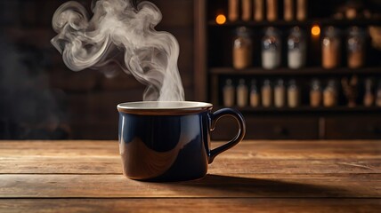Steaming Ceramic Mug on a Wooden Table with Cozy Backdrop