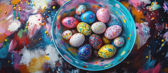 Colorful Easter eggs in a vibrant bowl on an artistic splattered background ideal for festive celebrations and seasonal decorations