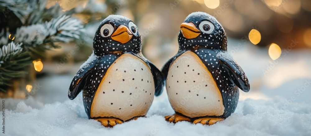 Poster two decorative penguin figures on snowy surface with festive bokeh lights in background creating a c